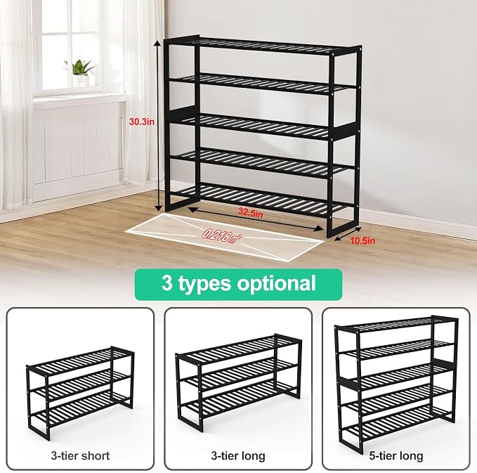 Jripae 5 Tier 32.5*10.5*30.3in Bamboo Shoe Rack for Closet Entryway Bedroom | Stackable Shoe Shelf Holder for Men/Women Hallway/Garage, Bookshelf, Flower Rack, Home Space Saving