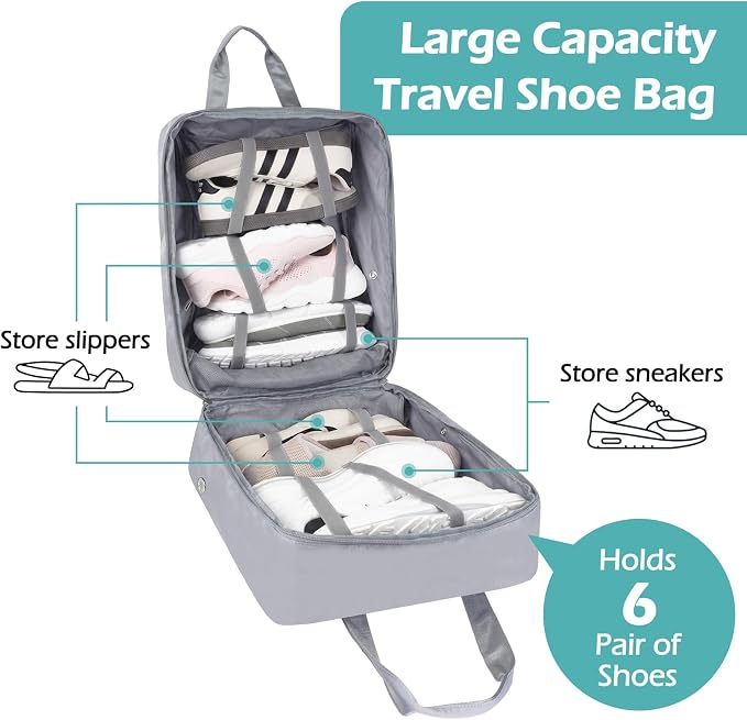 ZHIERNA Shoe Bags for Travel with Handle, Travel Shoe Bags for Packing, Portable Shoes Storage Bag Organizer, Travel Luggage Shoe Bag for Women Men Holds 6 Pair of Shoes (Grey)