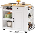 MAHANCRIS Kitchen Island with Power Outlet, Kitchen Storage Island with Drawer, Rolling Kitchen Cart on Wheels, Spice Rack, Towel Rack, Wine Rack, for Dining Room, White and Natural KINW122E01N1