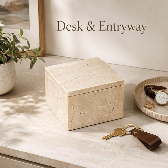 Natural Travertine Square Box with Lid | Natural travertine square box for cotton rounds, balls, jewelry and dry small bathroom items.