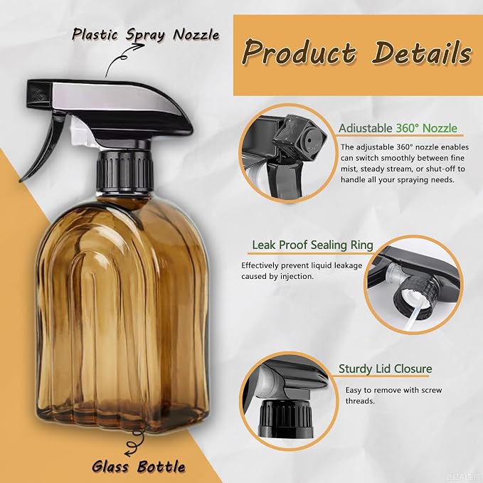 Amber Glass Plant Mister Spray Bottles, 13.5oz Adjustable Nozzle, 2 Pack | 360° rotatable nozzle; lead-free BPA-free thick glass; 13.5oz large capacity for plants, hair, cleaning & pet care