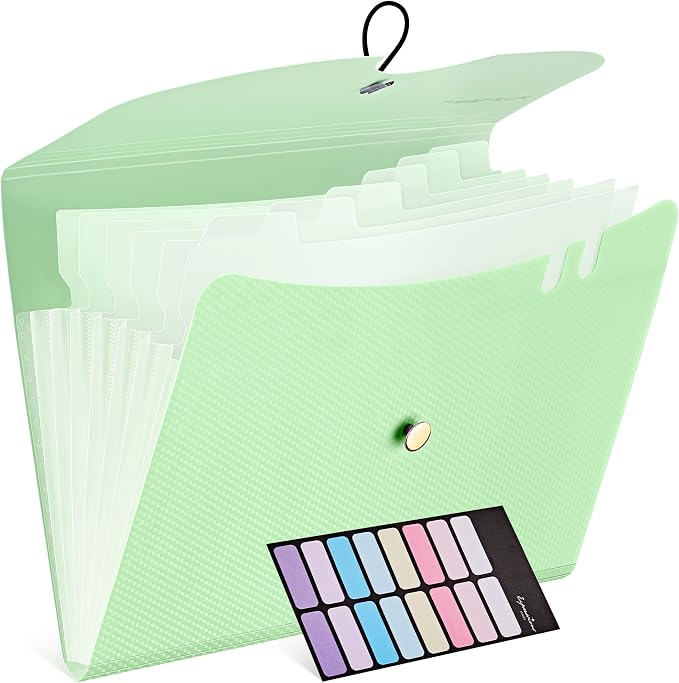 JARLINK 7 Pockets Expanding File Folder, A4 Accordion folders, Green | Accordion File Folders with 12 Labels, Portable Document Organizer for Home, College, School, and Office Supplies