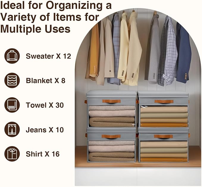 Homsorout Large Storage Bins with Lids - 6 Pack Foldable Decorative Organizers with Clear Windows & Handles, Cube Storage Organizers for Clothes, Blankets, Sweaters, Sheets, Grey