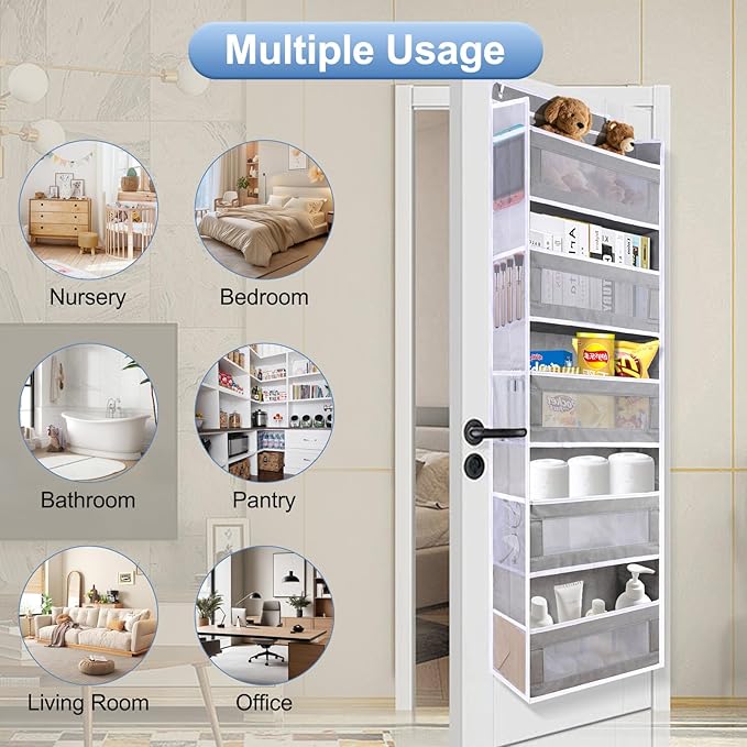 ANHUXINLEI Over The Door Organizer Storage, 5 Large Capacity Pockets & 5 Side Pockets, Anti Tilt 44 lb Load Behind Door Storage for Bedroom, Bathroom, Pantry, Nursery (Grey)