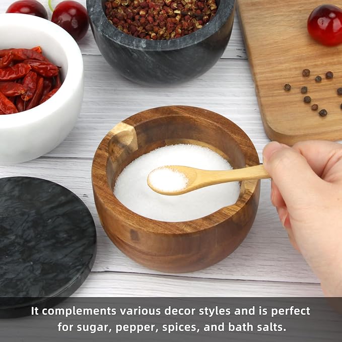 Wooden Salt Cellar Box with Marble Lid & Spoon, Modern Black Stone Salt or Pepper Sugar Spice Seasoning Bowl Container Jar Holder Well Keeper Dish Pig Crock for Kitchen