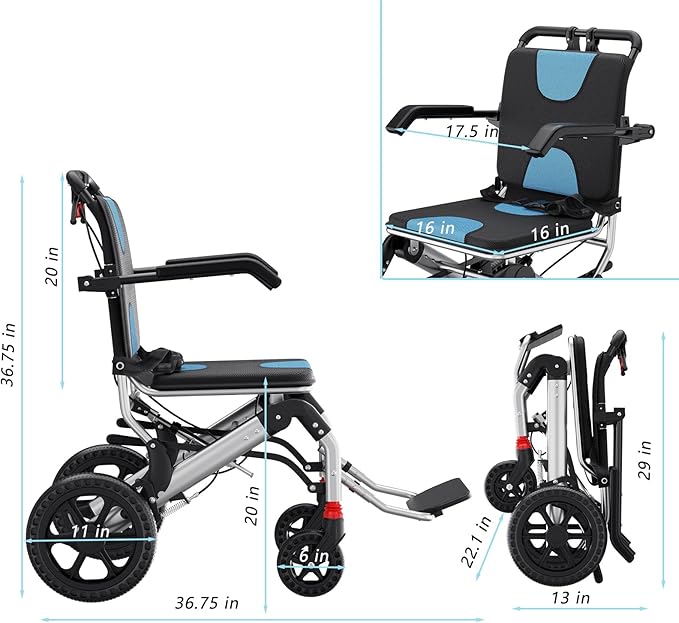 Lightweight Wheelchairs Transport Chair Lightweight Foldable with Telescopic Handle, Portable Folding Travel Transfer Wheel Chairs with Hand Brake for Seniors & Adults