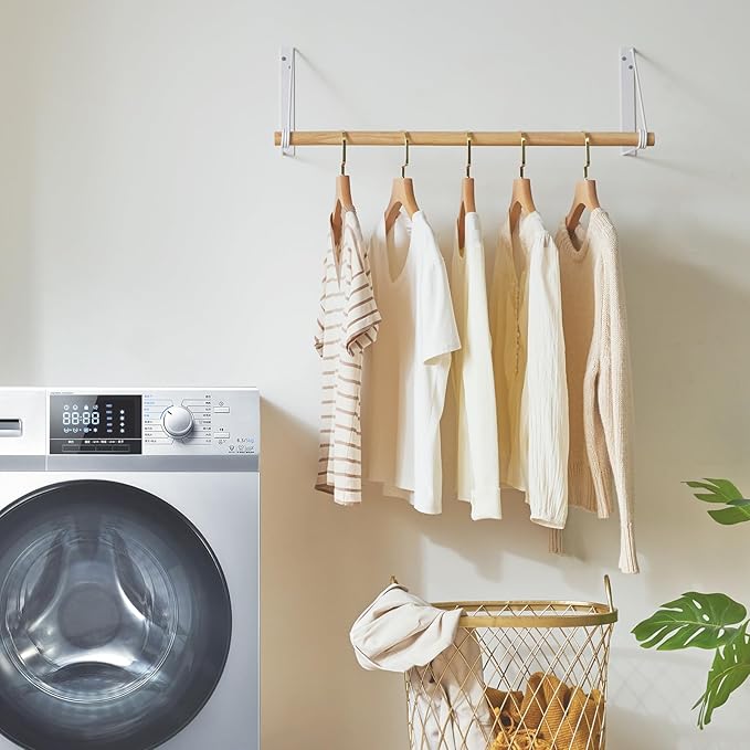 IBUYKE Wall Mounted Clothes Rack, Wood Wall Mounted Clothes Rail, Space-Saving Hanging Closet Rod, Modern Wardrobe Coat Rack for Entrance, Wall, Door, Bathroom, Bedroom, White TYJ005W