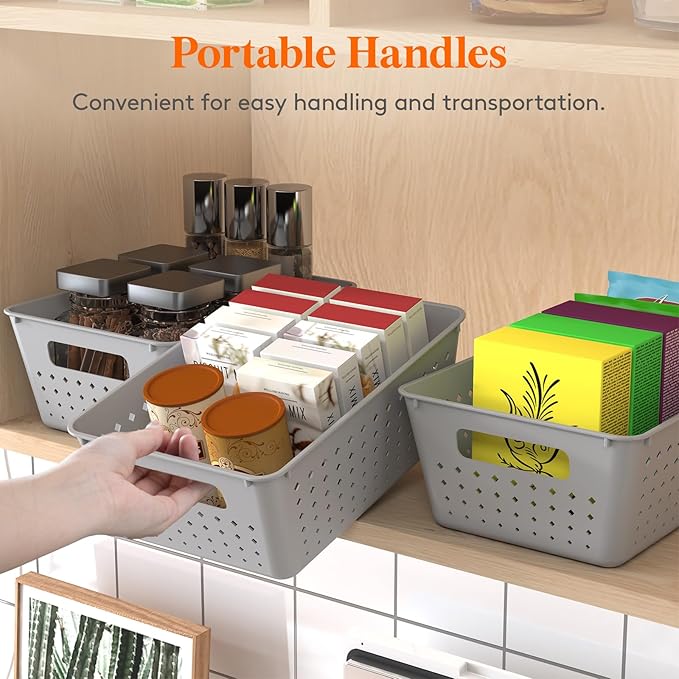 Lifewit Plastic Storage Basket for Organizing, 14 Pack Stackable Open Containers, Multi Size Storage Bins for Shelving, Pantry, Office and Cabinet, 10 Large and 4 Small Size, Gray