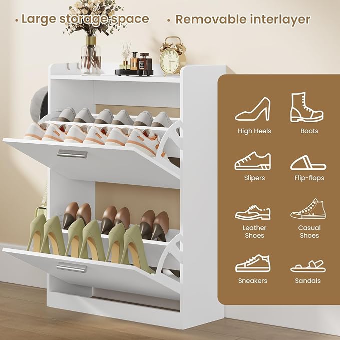 Shoe Cabinet Organizer with 2 Flip Drawers & 2-Tier Adjustable Shelves, Freestanding Shoe Rack Cabinet, Narrow Shoe Storage for Entryway, Foyer, Hallway, 23.6" W × 8.7" D × 33.1" H, White