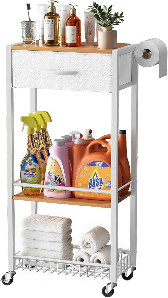 Lewondr Bathroom Organizer and Storage Cart with Drawer, 3-Tier Narrow Rolling Utility Cart with Wood Top and Wheels for Small Spaces, Laundry, White