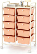 COSTWAY 10 Drawer Rolling Storage Cart, Utility Cart with Lockable Wheels | Mobile Art Supply Craft Organizer with Metal Frame, Multipurpose Drawer Cart for Paper for Office, School, Peach