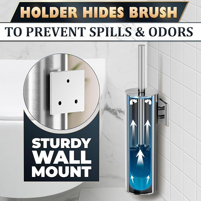 Silver Modern Toilet Brush and Holder Set with Wall Mount - Stainless Steel Toilet Brush with Holder - Removable Inner Bowl, Shiny Design, Splash Protection & Dense Bristles for Bathroom Cleaning
