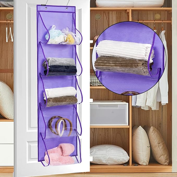 Over Door Hanging Purse Organizer Handbags Holder with 5 Easy Access Pockets Organizer Storage for Towel Scarf Umbrella (Purple)