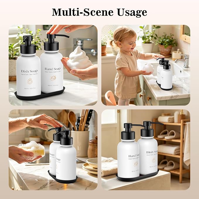 16.9 Oz Glass Foaming Soap Dispenser 2 Pack(White) | Refillable Hand & Dish Soap Pump, With Silicone Tray & 8 Waterproof Labels, For Bathroom & Kitchen，Perfect Housewarming Gift
