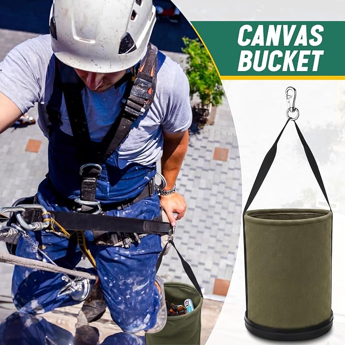 2 Pack Canvas Bucket 15" x 12" Heavy Duty Lineman Tool Bag with Plastic Bottom & Metal Hook Electrician Tool Organizer for Jobsite Use, Load Rated up to 150 Pounds (Army Green)