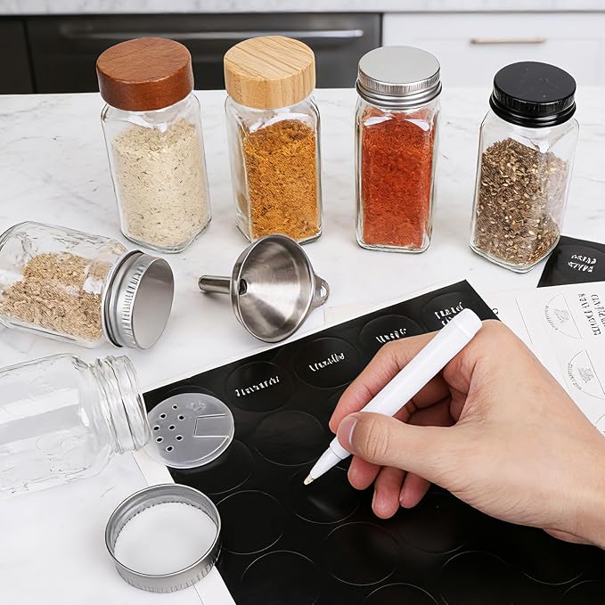 24 Pack Glass Spice Jars with Labels, 4oz Spice Containers with Acacia Lids | Includes 249 Labels, Metal Funnel, Extra Shaker Lids & Stirring Stick for Kitchen Seasoning Organization
