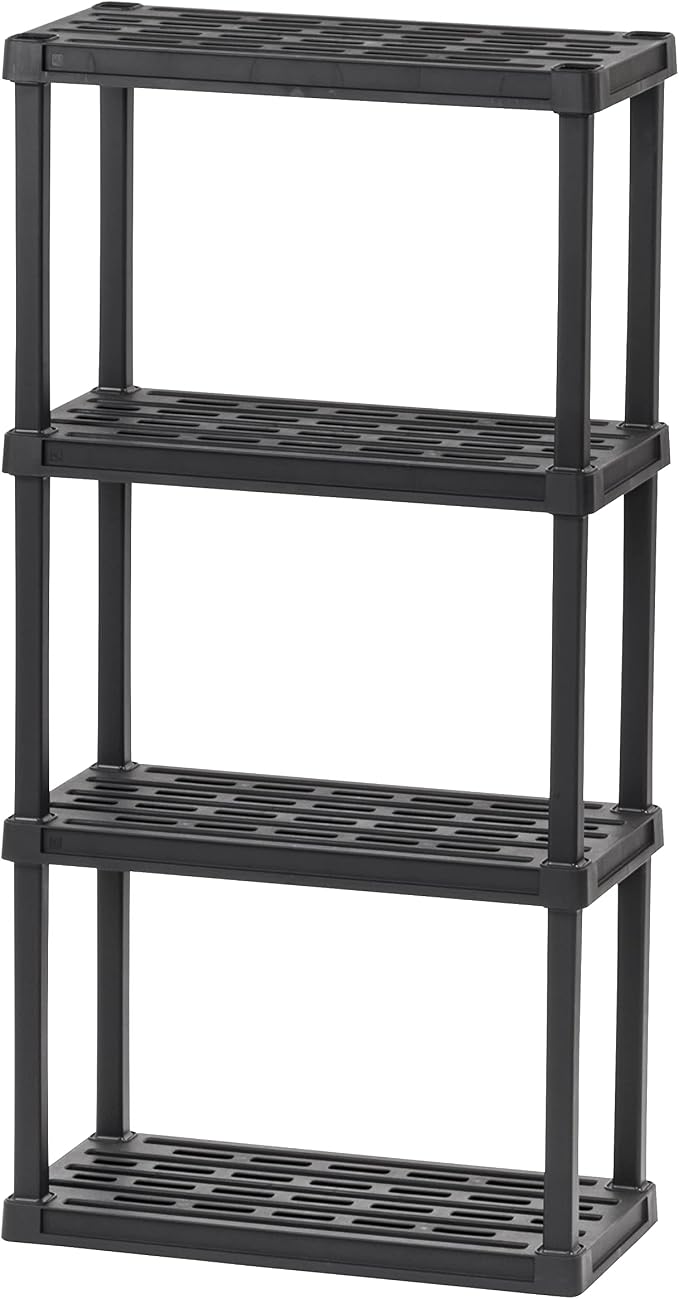 IRIS USA 4-Shelf Light Duty Plastic Storage Shelves, 200lb Capacity, 48" H x 24" W x 12" D, Medium Modular Shelving Unit Storage Organizer for Bathroom, Laundry, Garage & Home, Storage Rack - Black