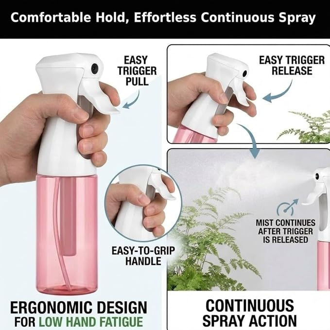 VIGOR PATH Continuous Mist Pink Spray Bottle 200ml Fine Mist for Hair | Ultra Fine Atomizer Leak Proof Ergonomic Construction 360 Refillable