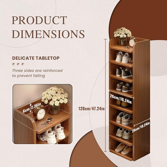 8 Tier Shoe Rack, Wood Tall Shoe Shelf for Closet Entryway | Vertical Shoe Storage Organizer, Space Saving Narrow Shoe Tower
