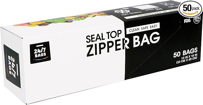 Jumbo 2 Gallon Storage Bags, Strong Double Zipper Seal, 50 Count, 2.5 Mil Thick, Microwave-Safe, BPA-Free, 1 Bulky Box