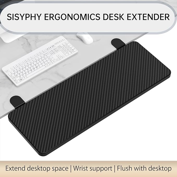 Sisyphy Ergonomics Desk Extender Tray, 25.2x9.5" Punch-Free Clamp on, Foldable Keyboard Drawer Tray, Table Mount Arm Wrist Rest Shelf, Computer Elbow Arm Support
