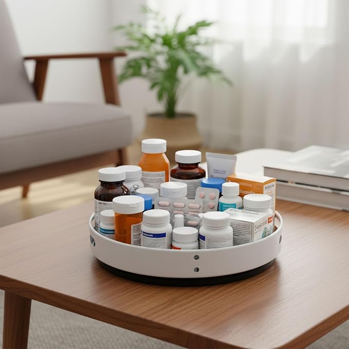 Medicine Cabinet Organizer, Lazy Susan Turntable for Pill Bottles and Vitamin Storage, White Plastic Rotating Tray with Side Grip Openings for Bathroom, Pantry, Vanity