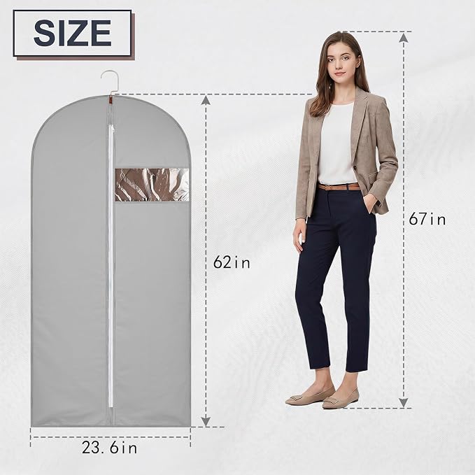 62Inch Garment Bags Covers, Gray Hanging Clothes Bag, Suit Cover Bags with Clear Window for Hanging Closet Clothes Storage and Travel (1, Gray, 62 inch)