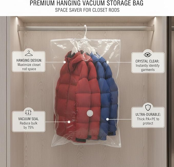 Hanging Vacuum Storage Bags for Closet, Clear Compression Saver for Coats & Suits, Space Saving Organizer (1 Pack)