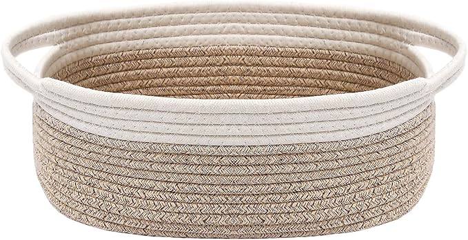 JMvicyroam Woven Basket,Small Rope Storage Bin with Handles & Ribbon Bag, Organizer for Shelves Closets,Gift Basket Empty for Birthday,Books,Dog Toys, White&Oatmeal