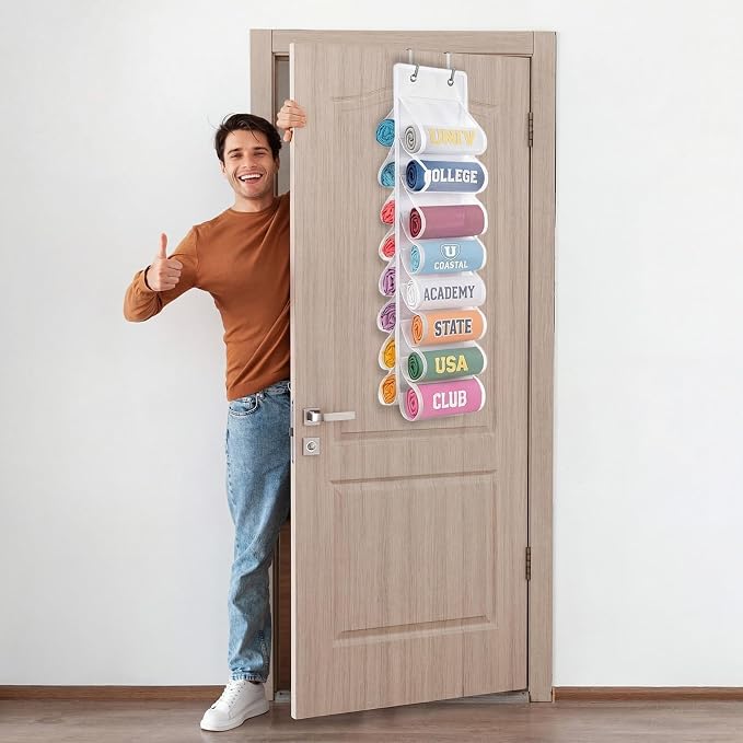Over The Door Hoodie Organizer, Double Sided Holds 16 T-Shirts, White Hanging Storage with 2 Hooks and Rope for Door Closet Cabinet Use, Ideal for Dorm Rooms Bedroom (White)