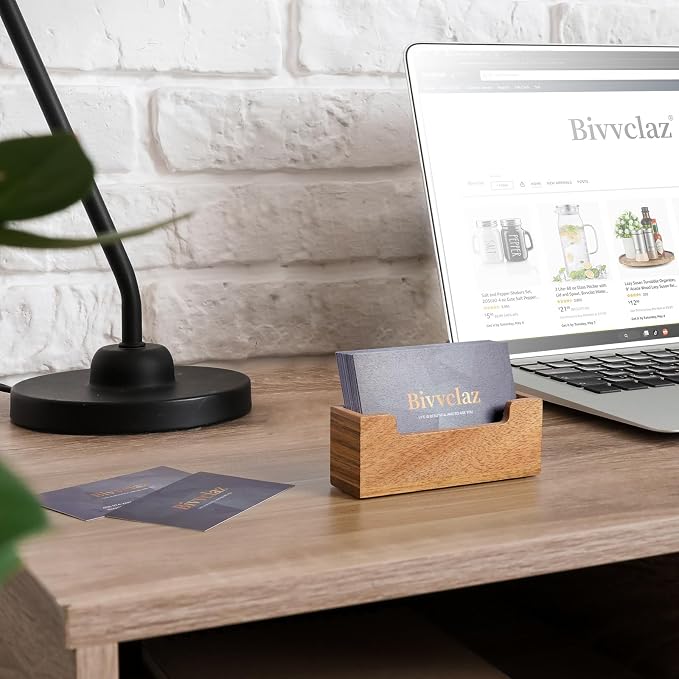 Bivvclaz Business Card Holder Desk, Acacia Wood Business Card Organizer Desktop Business Card Display Stand for Office Tabletop Exhibition, Small Business Essentials