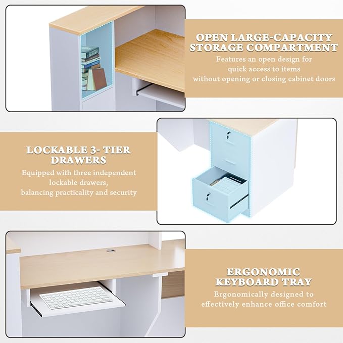 Ceridwen L-Shaped Large Wooden Reception Desk, Modern Front Desk Reception Counter with Lockable Drawers, Storage & Keyboard Tray for Office Lobby Checkout (Left-Oak & White, 71''L x 34''W x 41''H)