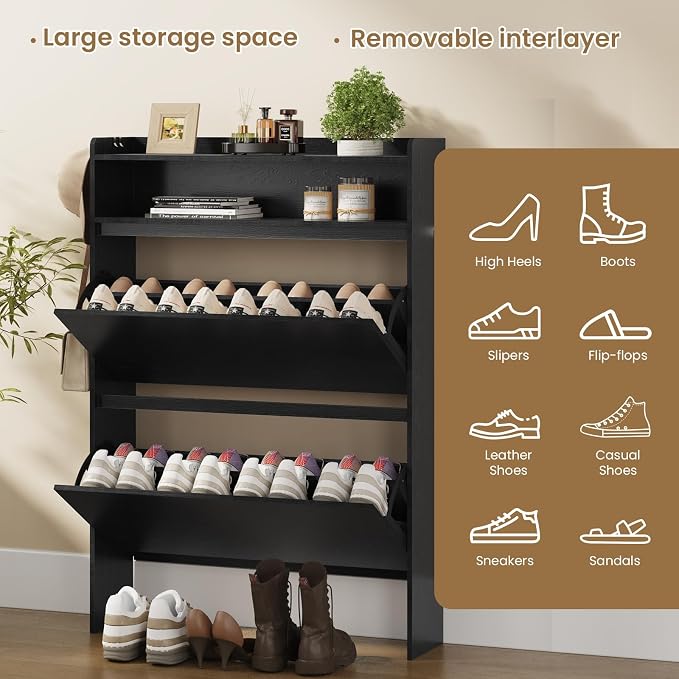 Shoe Cabinet Organizer with 2 Flip Drawers，Freestanding Shoe Rack Cabinet, Shoe Cabinet Storage for entryway, Foyer, Hallway, Black, 31.5" W