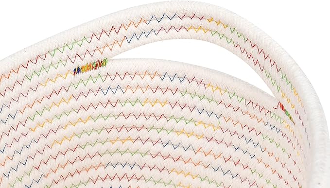CubesLand Rectangle Woven Cotton Rope Storage Basket for Organizing | Small Basket for Kids, Baby Nursery, Cat Dog Toy Baskets, Organizer Bins for Shelves Rainbow Stitches