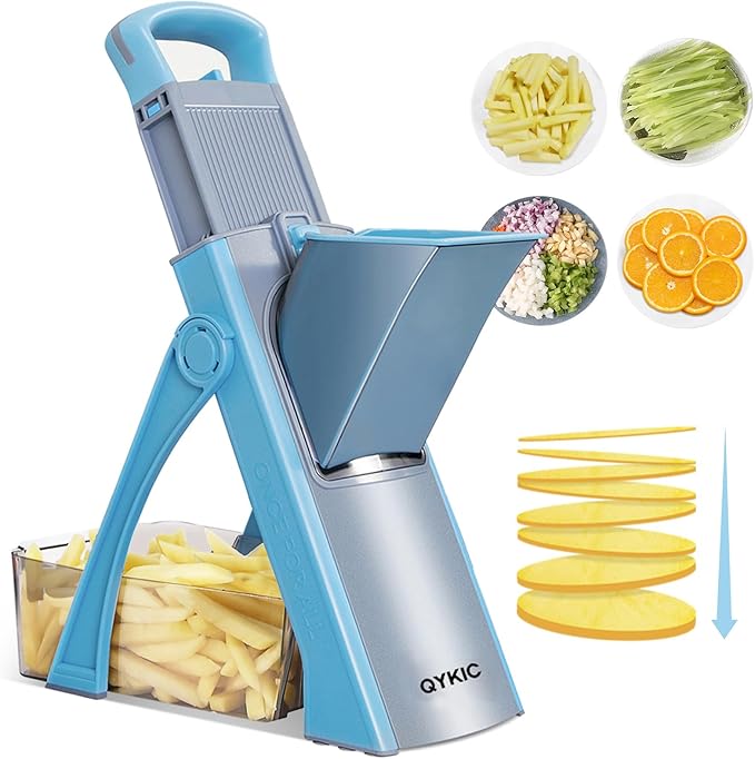 QYKIC Upgrade Safe Mandoline Slicer for Kitchen, Vegetable Chopper and Slicer, Potato Slicer Thickness Adjuster, French Fry Cutter, Veggie Onion Dicer Faster Kitchen Mandolin for Meal Prep (Blue)
