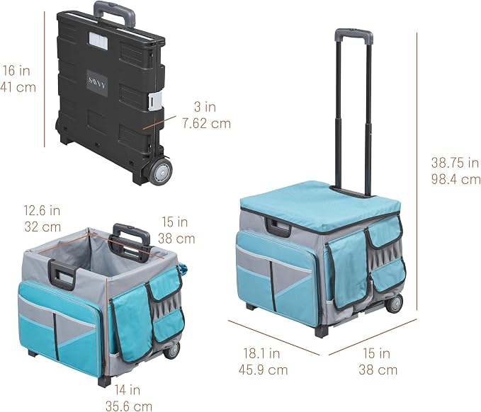 Folding Mobile Utility Cart, Canvas Organizer Bag, Turquoise/Grey | Durable plastic, 30 compartments, adjustable handle, 40 lb capacity, collapses to 3" thick, rolling wheels for easy transport