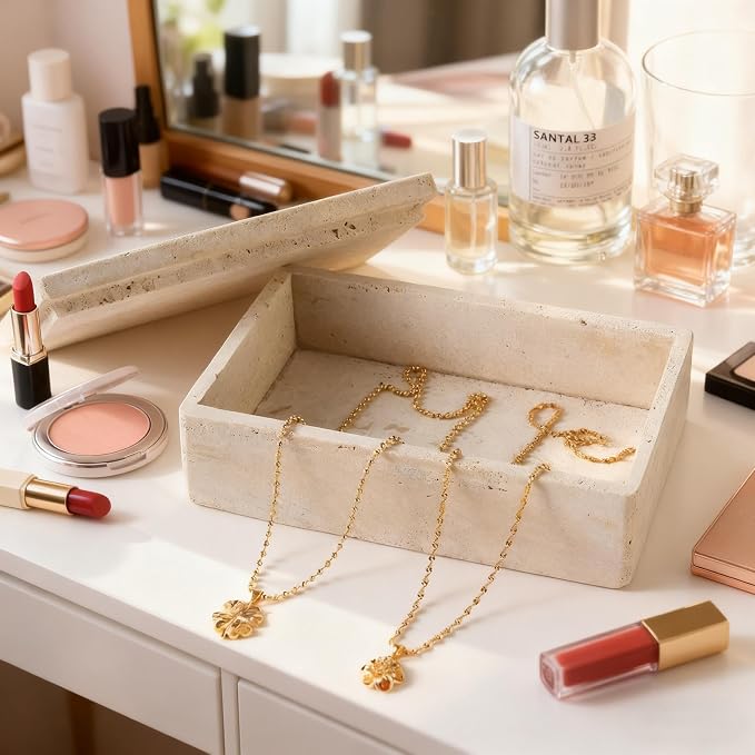 Natural Travertine Rectangular Box with Lid | Natural travertine box for jewelry, makeup pads, clips and dry small vanity essentials.