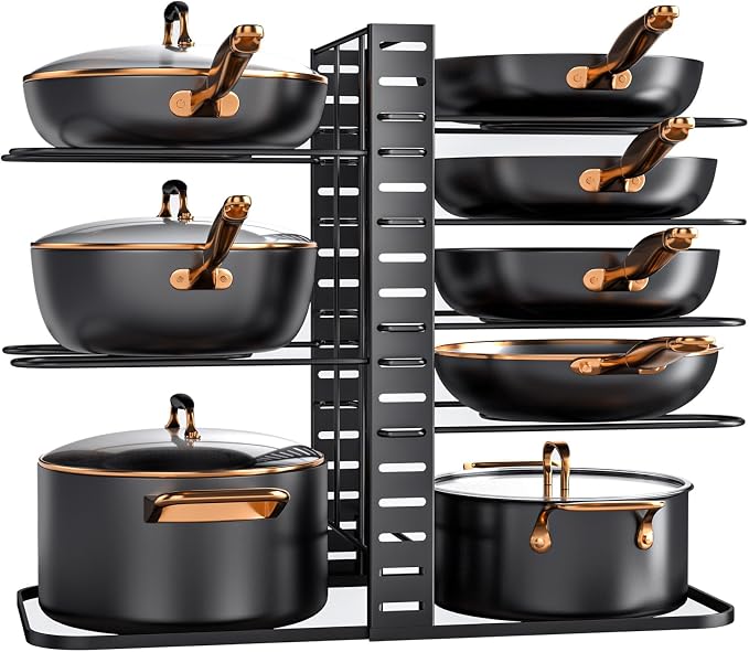 MUDEELA Pots and Pans Organizer Rack under Cabinet 14.55in Height, 8-Tiers Adjustable Pot Rack with 3 DIY Methods, Pot Lid Organizer inside Cabinet for Kitchen Pantry Organization and Storage