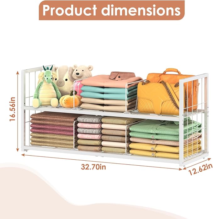 Hongtamoya Stackable Closet Storage Shelf with Adjustable Divider | Closet Organizer and Storage Container for Clothe, Jean Pant Shirt Sweater Purse Shoe, Use in Bedroom RV Closet System, White