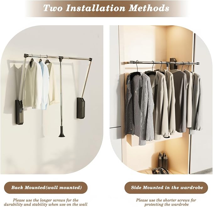 Pull Down Closet Rod Stainless Steel 35"-48"Adjustable 60 lbs | Wardrobe Lift Rail Rod,Side & Back Mounted Closet Pole for Waredrobe & Hanging Clothes,with Hydraulic System