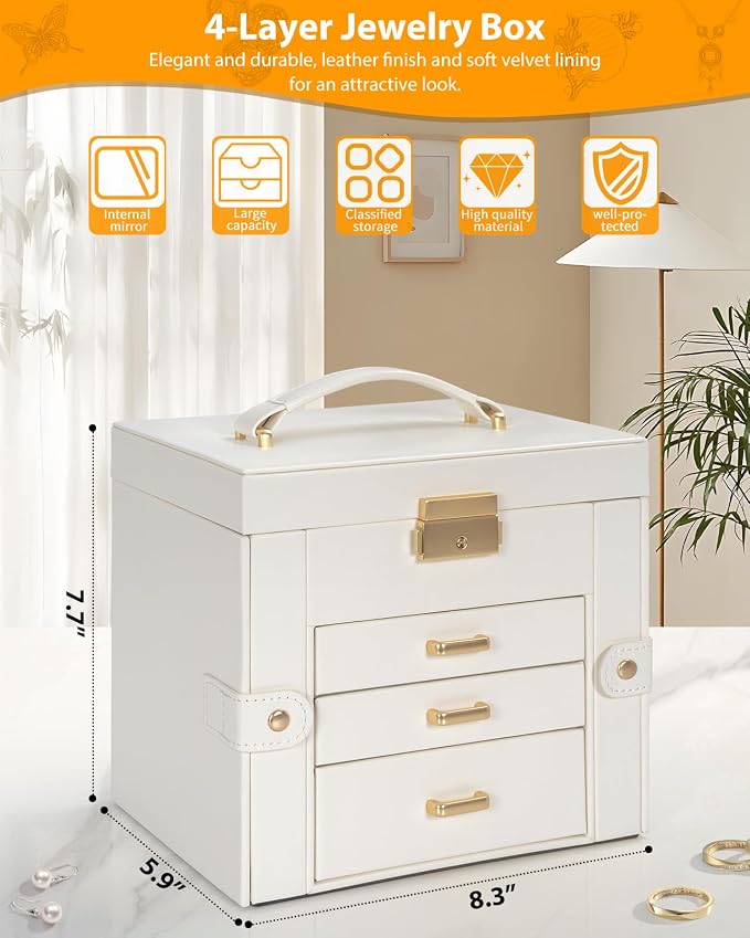 AKOZLIN 4-Tier Jewelry Box Leather Jewelry Storage Organizer with 3 Drawers Lockable for Women Girls Ring Necklace Earring Bracelet Holder with Mirror White