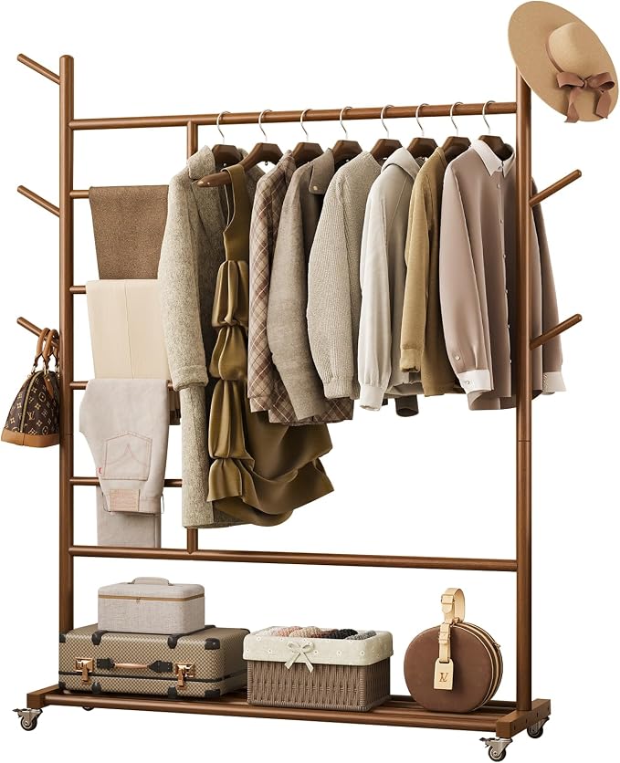 Yoobure Solid Wood Clothing Rack - Rolling Clothes Rack with Wheels, 4-in-1 Coat Rack with Pants Rack & Shelf, Freestanding Clothing Racks for Hanging Clothes, Garment Rack for Closet Bedroom Entryway