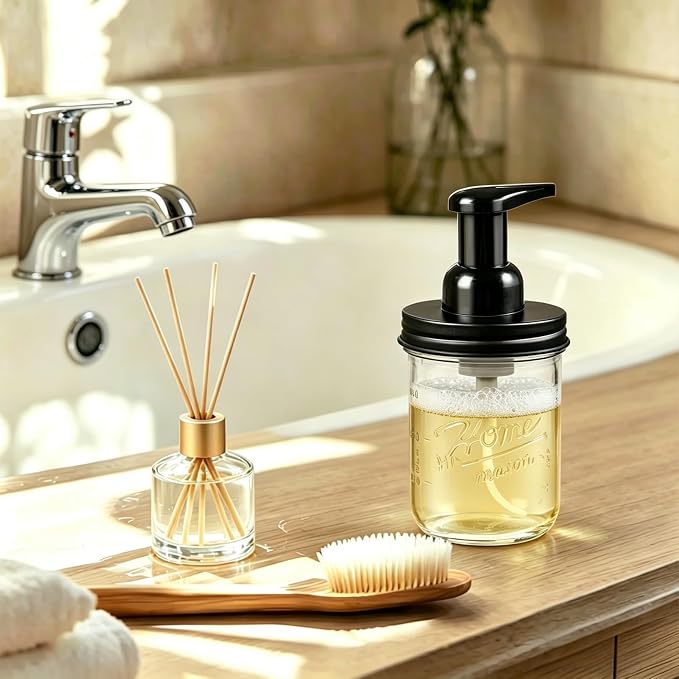 SheeChung Mason Jar Foaming Soap Dispenser, Glass Foaming Hand Soap Dispensers, Stainless Steel Lid, Refillable Foam Soap Dispenser for Bathroom Kitchen, Farmhouse Bathroom Decor (1 Pack, Black)