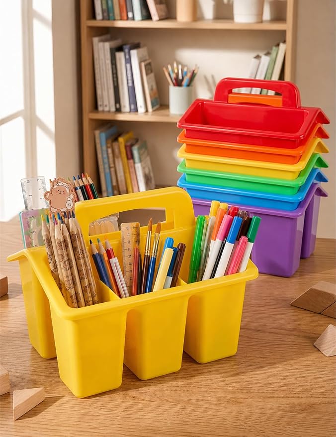 6 Pack Classroom Caddy Organizer with Handle, Table Caddy Classroom | 4 Compartments, 9×6.3×6.7 inches, Thick Durable PP Plastic, Built-in Handle, Stackable Design, for Classroom Desk Office Home
