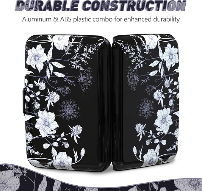Credit Card Holder, Mini RFID Small Aluminum Card Wallet Business Card Case | Blocking Slim Metal RFID Blocking Front Pocket Wallet Hard Case Durable CC Holder for Women Girls, Black White Floral