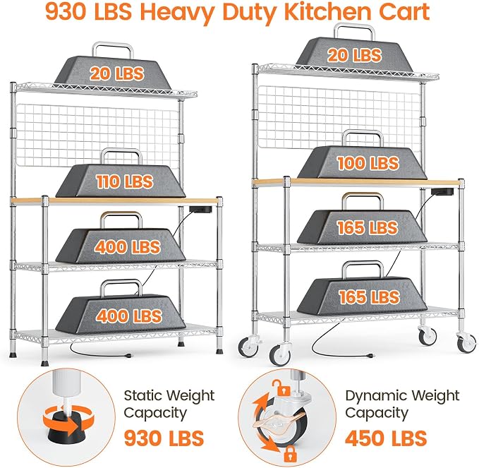 Bakers Rack with Power Outlet & Storage,36In Microwave Stand Kitchen Cart | 4-Tier Metal Kitchen Shelves Cart with Wheels & 20 S-Hooks for Kitchen, NSF Certified, 63 x 18 x 36 Inch-Chrome