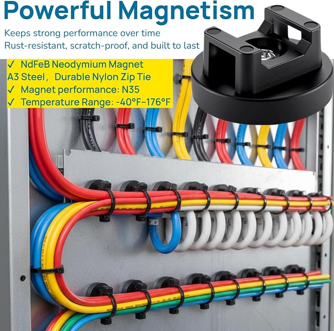 225-Pc Magnetic Cable Ties Set,Magnetic Zip Tie Mounts & Cable Ties | Magnetic Wire Holder, 25 Magnetic Cable Holders & 200 Zip Ties, Magnet Cable Tie Mounts for Cables, Wires, Cords, Hoses-31 mm