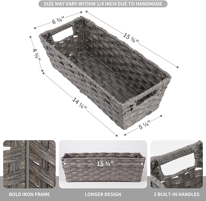 2-Pack Plastic Wicker Toilet Paper Baskets, 15.75"x6.75"x4.75", Grey | Versatile woven bins for bathroom, toilet tank, shelf organization, and home decor.