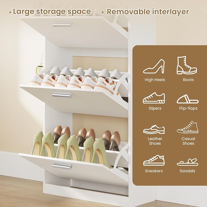 Shoe Cabinet Organizer with 3 Flip Drawers & 3-Tier Adjustable Shelves, Freestanding Shoe Rack Cabinet, Narrow Shoe Storage for Entryway, Foyer, Hallway, 23.6" W × 8.7" D × 47.2" H, White