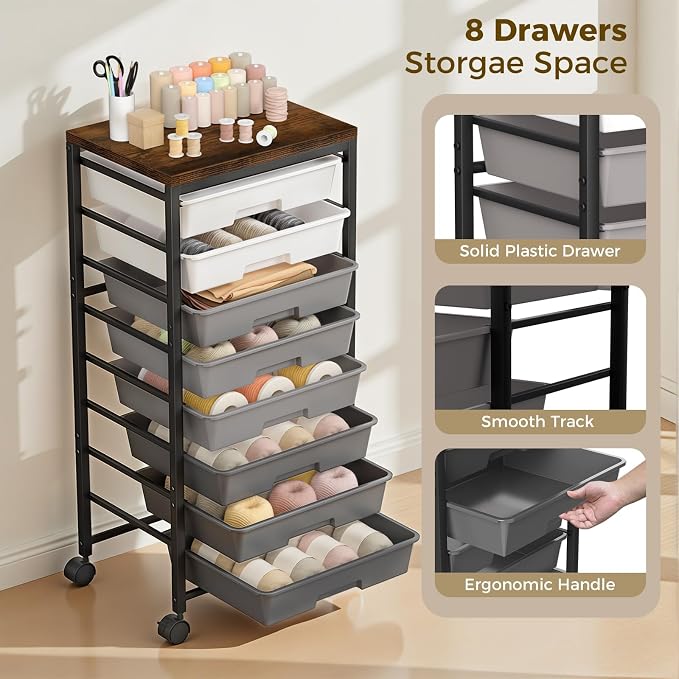 Rolling Cart with 8 Drawers, Plastic Drawer Storage Carts with Wheels & Wooden Tabletop, Metal Utility Cart Organizer for Bedroom Living Room Office Classroom Craft Organization and Storage, Grey